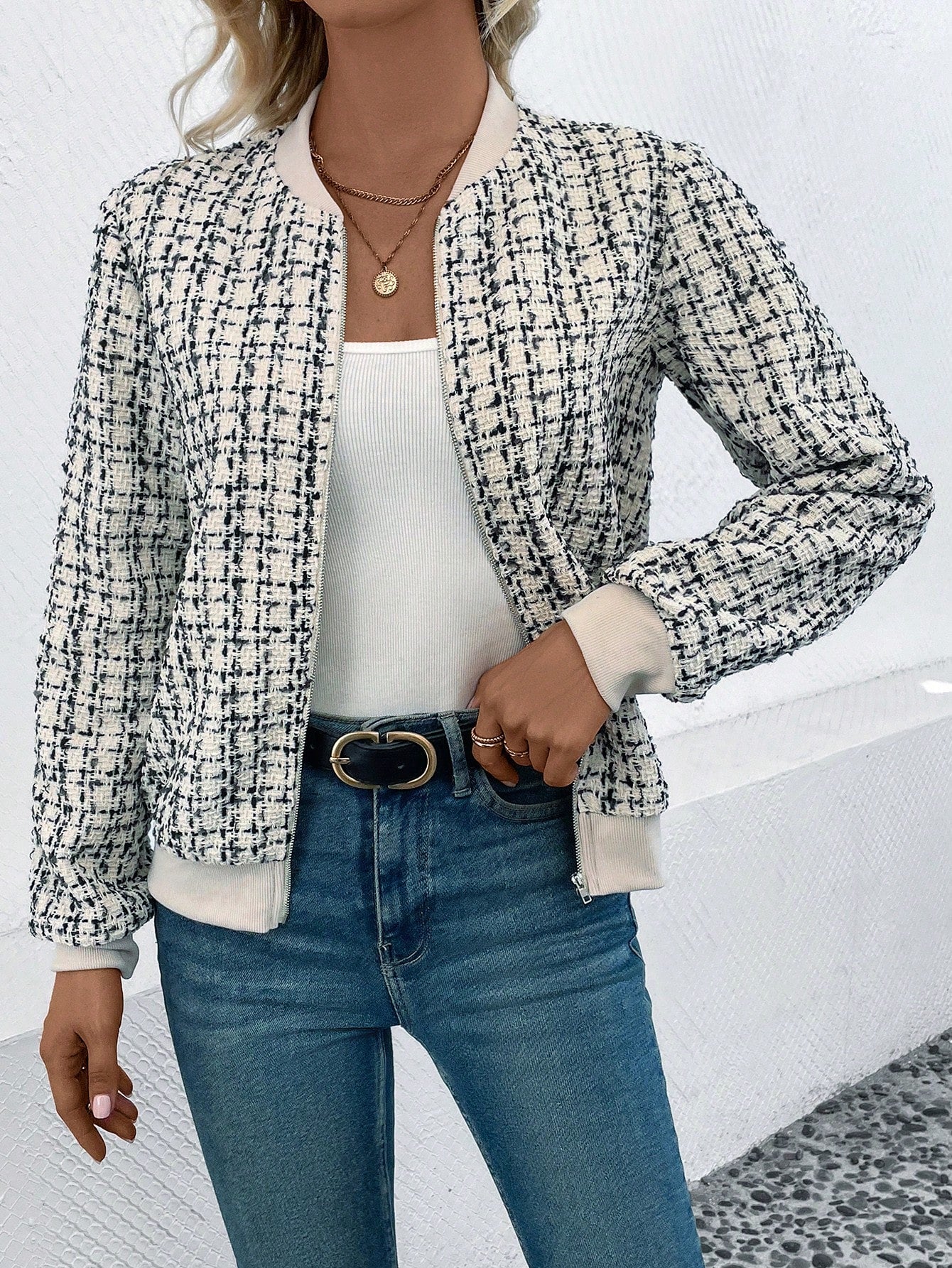 Elegant Rutig Jacka i Tweedstil