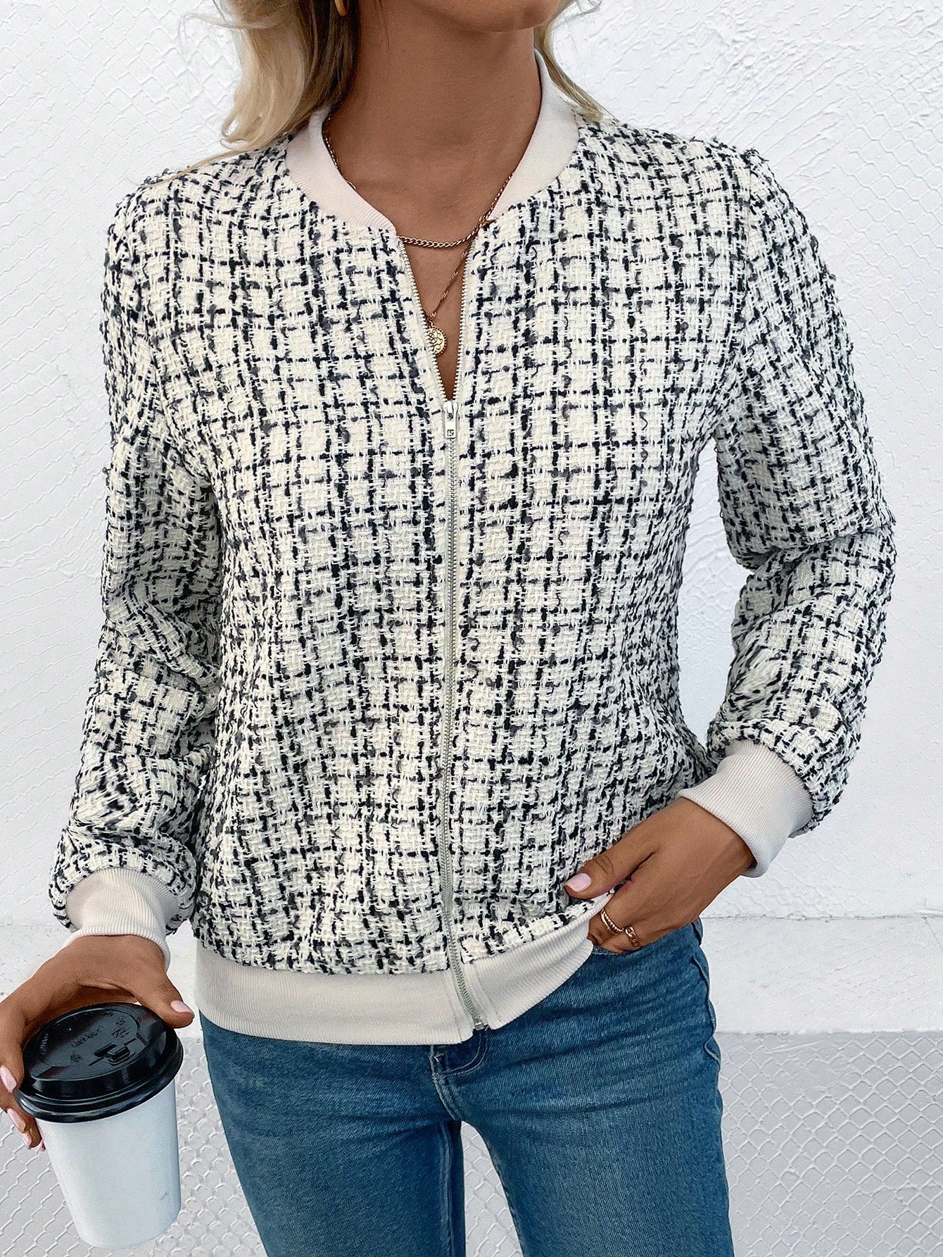 Elegant Rutig Jacka i Tweedstil