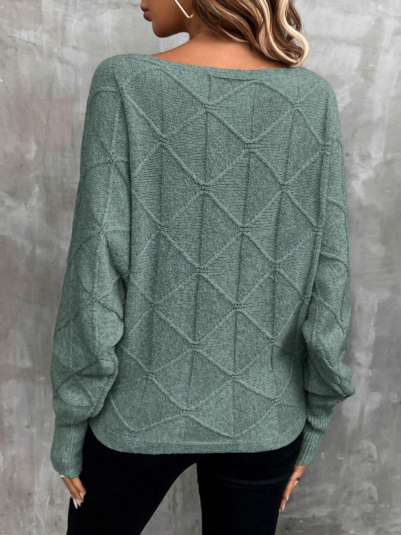 Stickad Tröja i Grön med Rutmönster