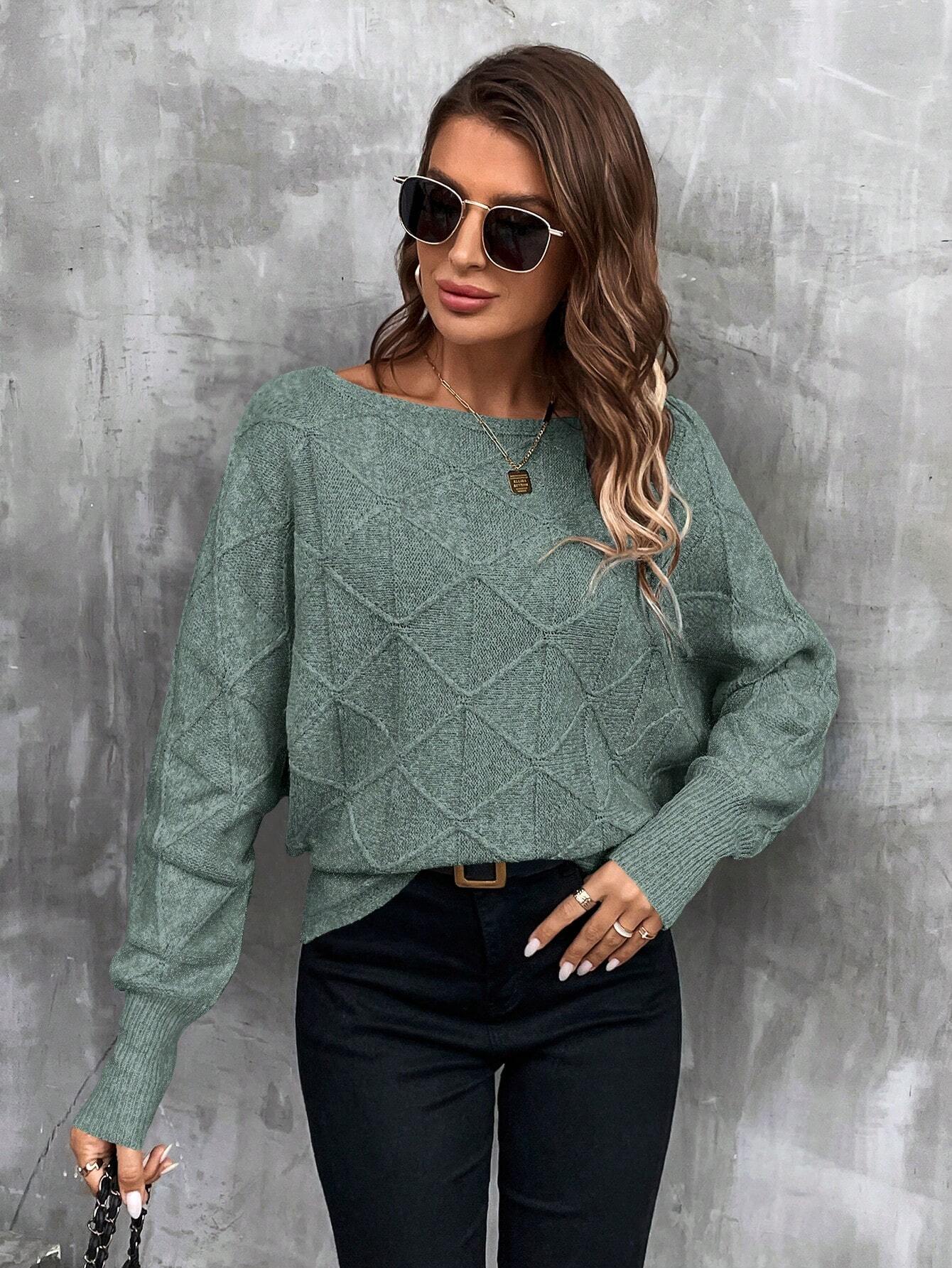 Stickad Tröja i Grön med Rutmönster