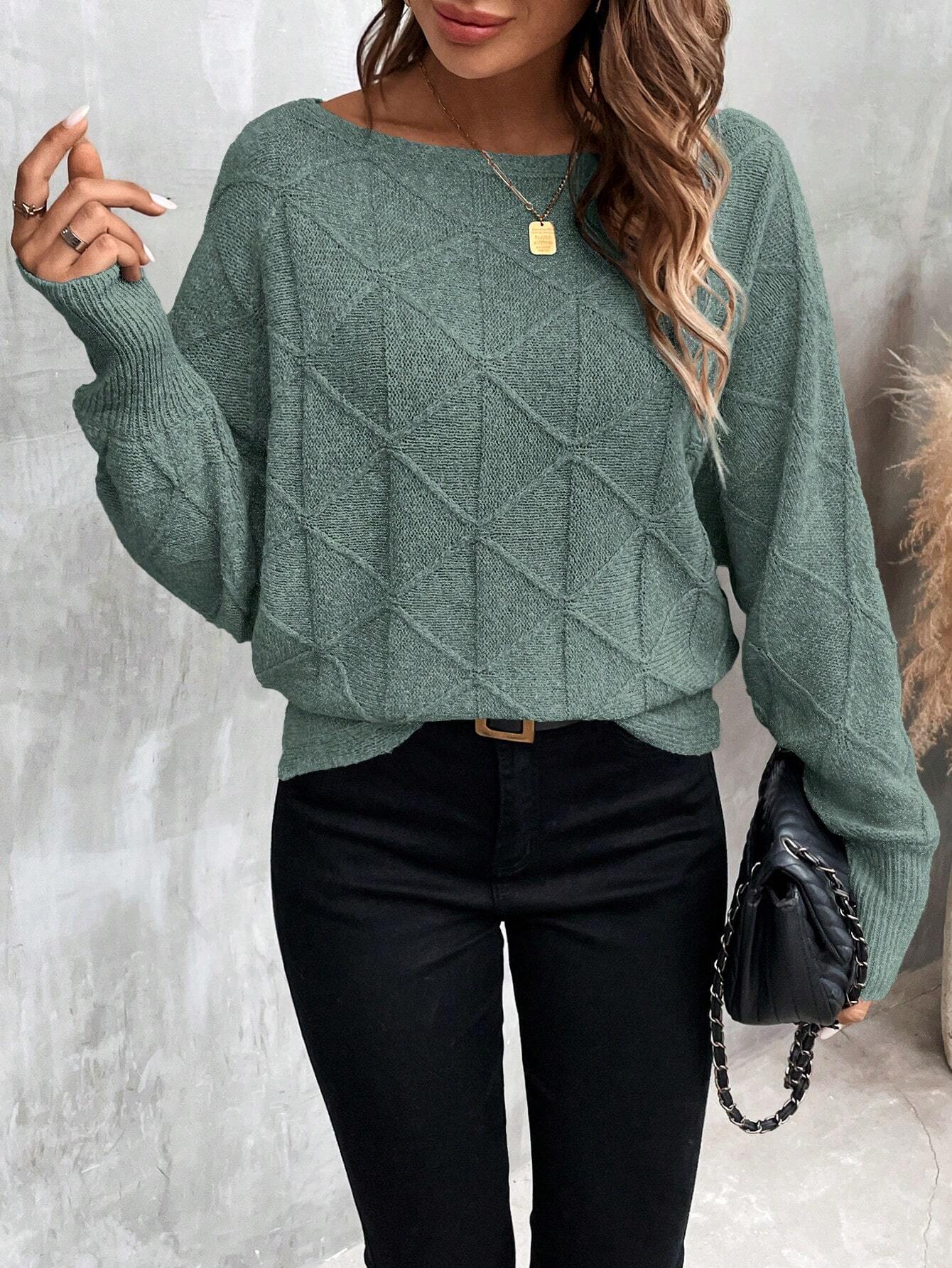 Stickad Tröja i Grön med Rutmönster