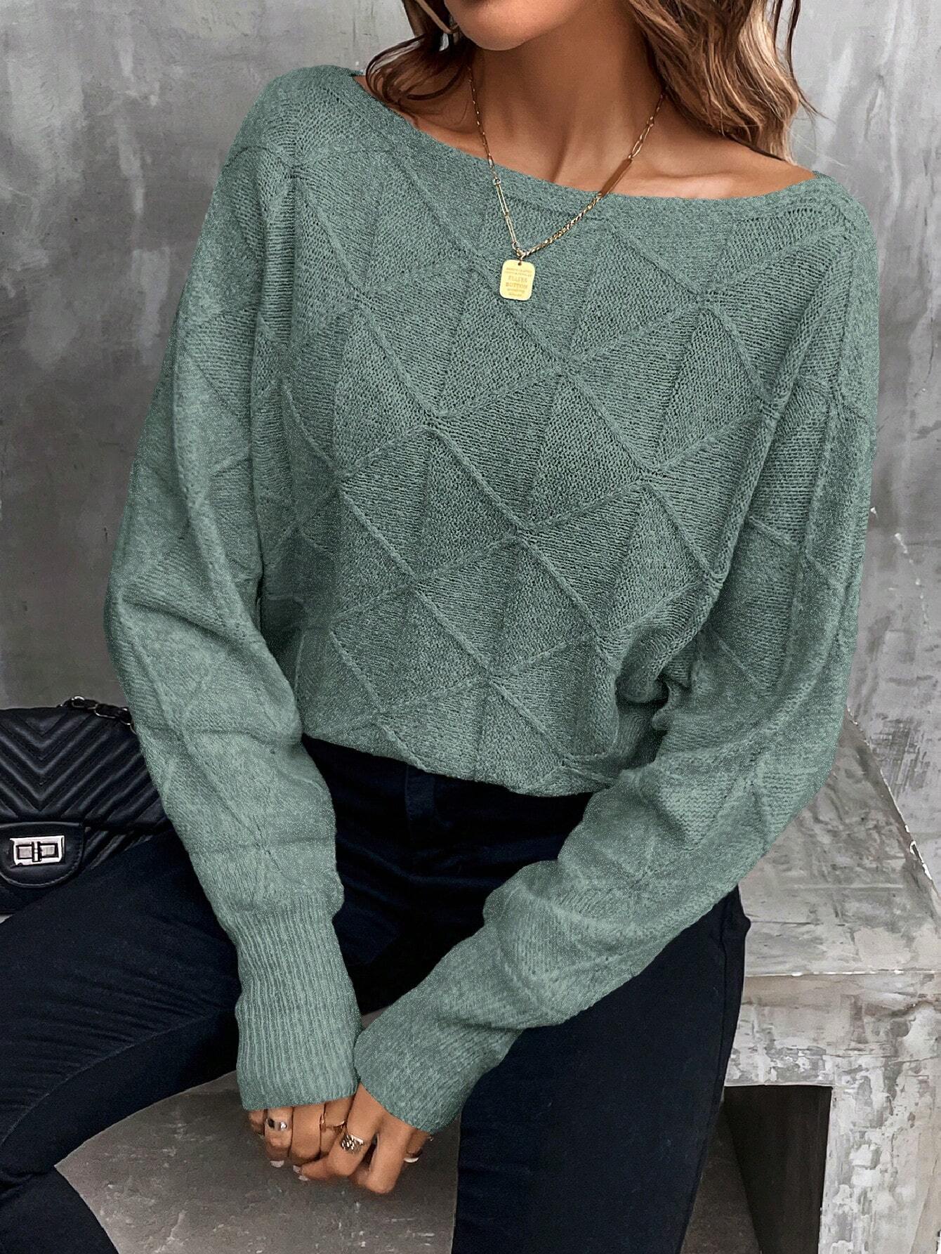 Stickad Tröja i Grön med Rutmönster